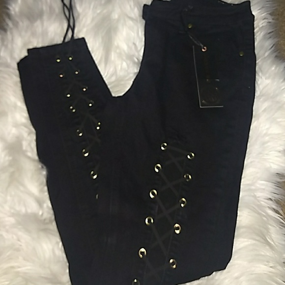 Black Jean Gold Lace Up Pants - Picture 4 of 4